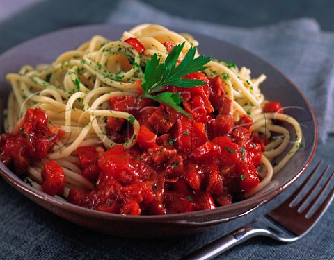 A plate of spaghetti and red pepper sauce