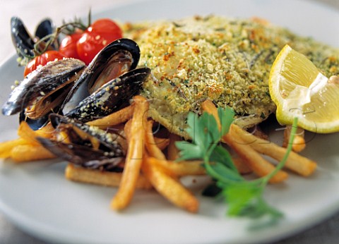 Plaice and chips with mussels