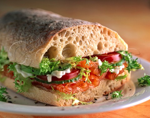 Ciabatta bread filled with smoked salmon and salad