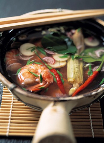 A pot of Thai seafood soup