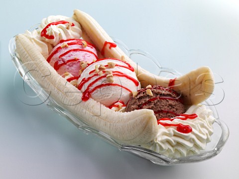 Banana split with assorted icecream and fresh cream