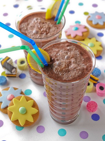 Chocolate milkshake with daisy biscuits