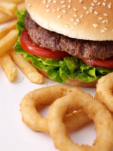 Beefburger with salad onion rings and chips