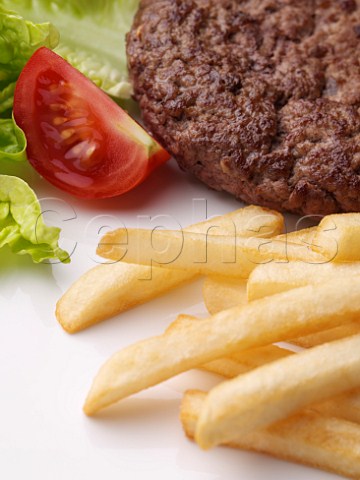 Beefburger chips and salad