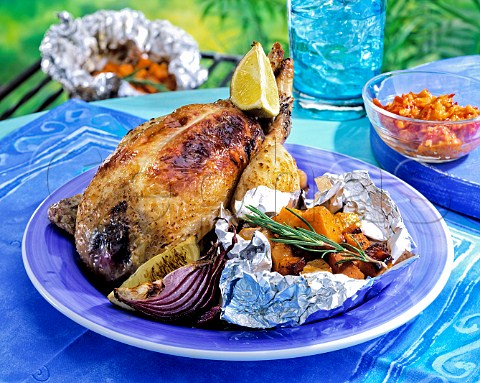 Barbecued chicken with vegetables
