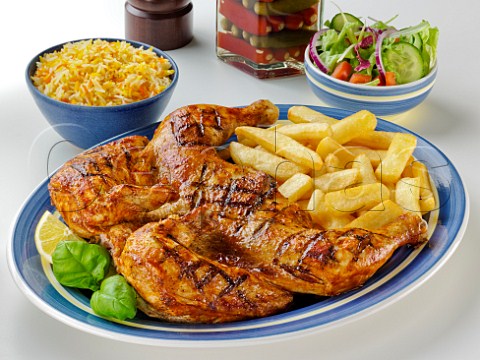 Spatchcock chicken and chips with side salad