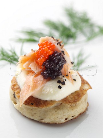 Poached salmon and roe blinis