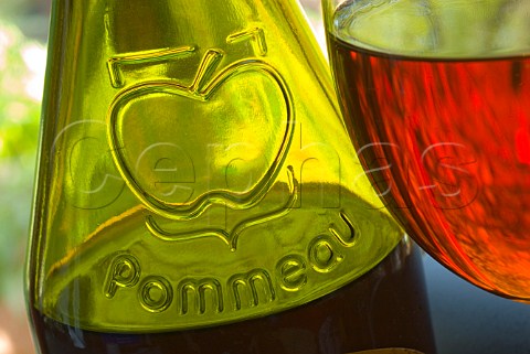 Closeup on bottle and glass of Pommeau de Normandie a blend of Calvados and apple juice