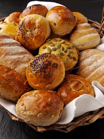 Basket of assorted homemade bread rolls