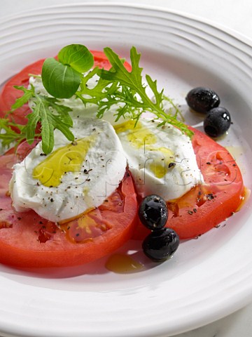 Mozzarella and tomato salad with watercress olives and rocket