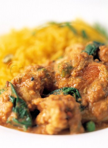 Chicken curry with saffron rice and spinach