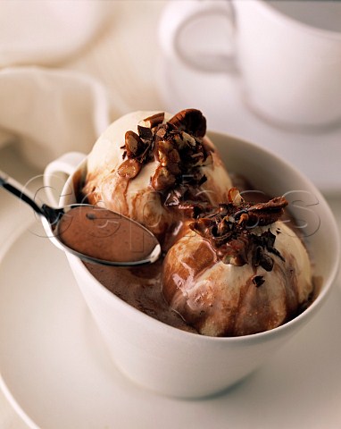 Scoops of vanilla icecream floating in hot chocolate