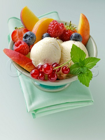 Assorted summer fruits with scoops of vanilla icecream