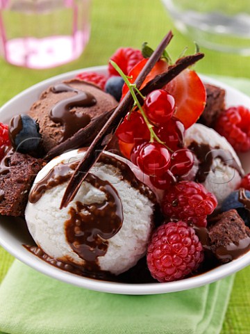 Red summer fruits with scoops of chocolate and vanilla icecream
