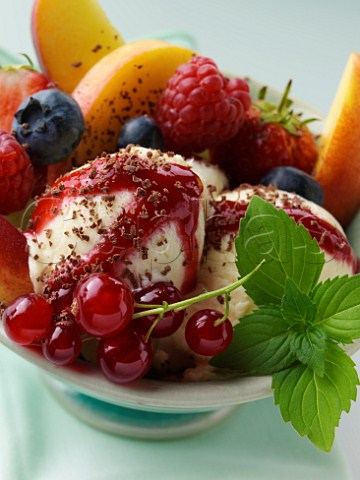 Assorted summer fruits with scoops of vanilla icecream