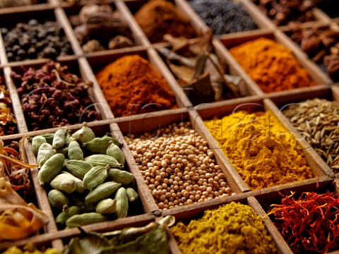 Variety of indian spices in a wooden tray