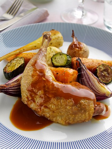 Roast guinea fowl and vegetables