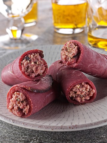 Venison wrap canaps with scotch whisky in the background
