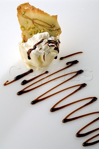 Vanilla icecream with chocolate sauce and pistachio biscuit