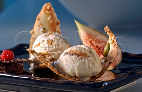 Fresh fig with ginger icecream on nut flavoured wafer