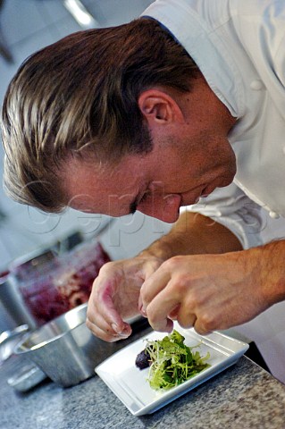 Chef arranging food on a plate
