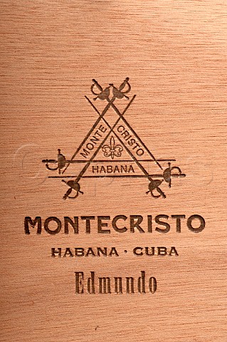 Closeup on branding on a box of Montecristo Edmundo cigars Havana Cuba