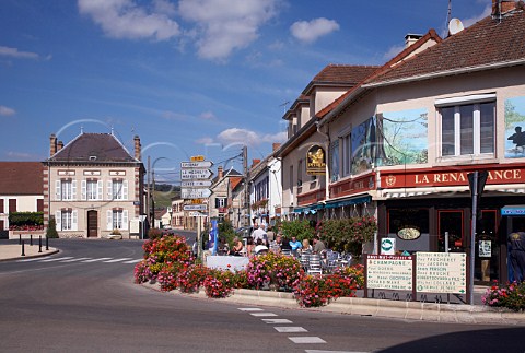 Colourful flower boxes by the roadside outside a brasserie in Vertus Marne France Cte des Blancs  Champagne