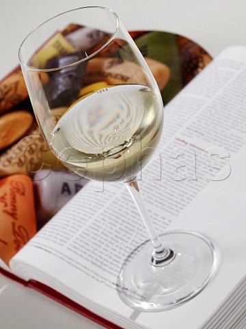 Glass of white wine standing on open wine book