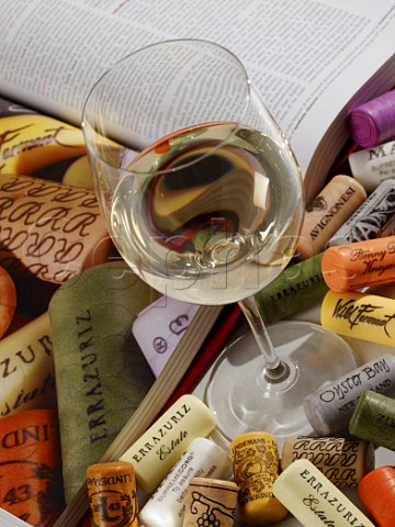 Glass of white wine and plastic corks by open wine book