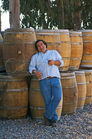 Viticulturist Pablo by barrels of Luis Felipe Edwards winery Colchagua Valley Chile Rapel