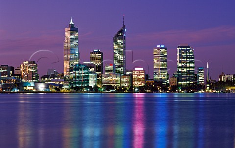 Perth city skyline and the Swan River at dusk Perth Western Australia Australia