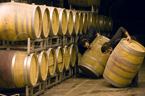 Men smelling barrels for bad odours prior to use in the cellars of Villa Sparina Monterotondo Gavi Piemonte Italy Gavi