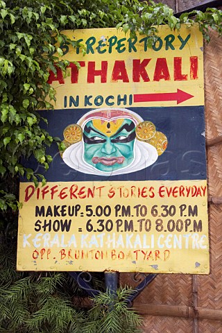 Sign outside the Kerala Kathakali traditional art form of Kerala Centre Fort Cochin Kochi Cochin Kerala India
