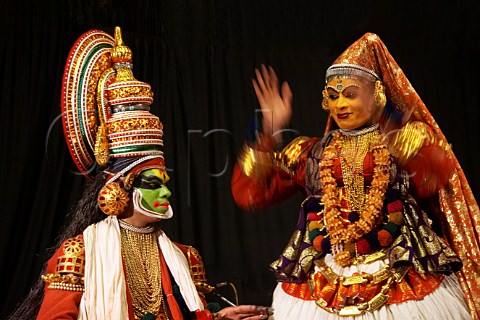 The characters of Jayanthan and Lalitha during the evening performance of Narakasura Vadham at the Kerala Kathakali traditional art form of Kerala Centre Fort Cochin Kochi Cochin Kerala India