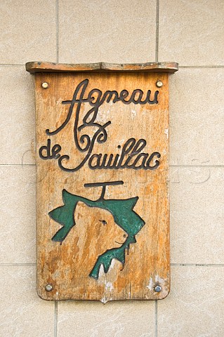 Sign outside butchers shop in the main street of Pauillac for Agneau lamb de Pauillac Gironde France