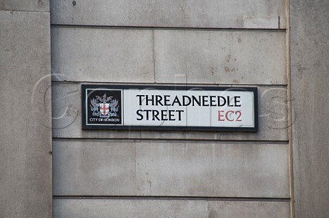 Street sign for Threadneedle Street in the City of London