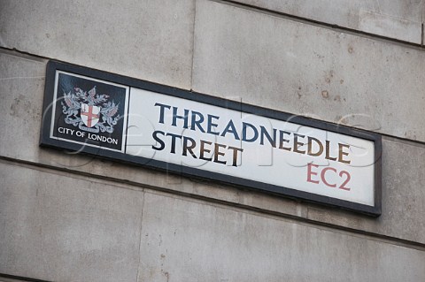 Street sign for Threadneedle Street in the City of London