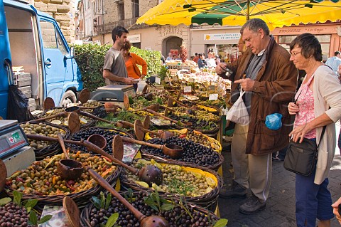Olive stall at the Sunday market in LIslesurlaSorgue Vaucluse Provence France