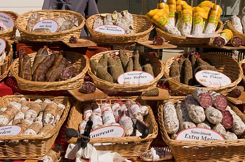 Variety of saucisson at the Sunday food market in LIslesurlaSorgue Provence France