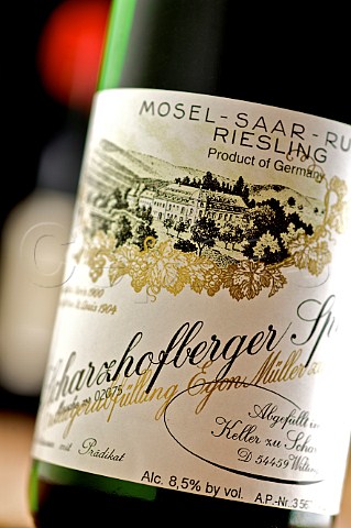 Detail of a bottle of Scharzhofberger Riesling Egon Mller Winery Wiltingen Germany MoselSaarRuwer