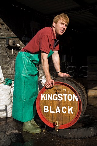 Mr Hecks with a Barrel of Kingston Black Cider Hecks Cider Street Somerset England