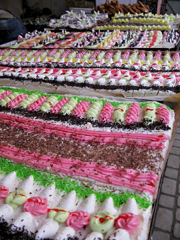 Desserts on sale in Marrakech souk Morocco