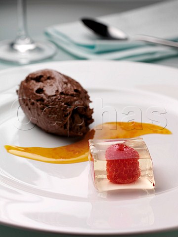 Chocolate mousse with champagne jelly raspberry