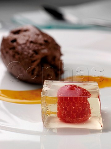 Chocolate mousse with champagne jelly raspberry
