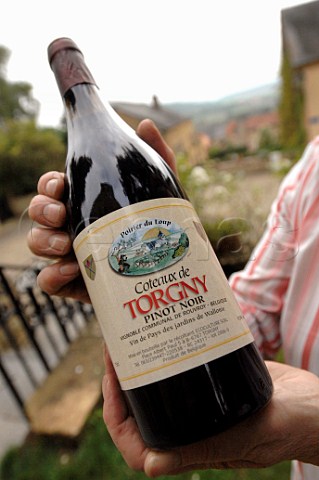 Bottle of Poirier du Loup Coteaux de Torgny pinot noir wine Belgium