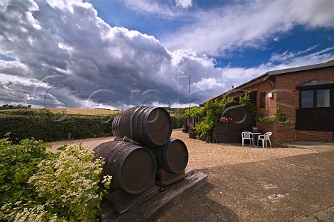 Decorative barrels at entrance to Adgestone Vineyard Sandown  Isle of Wight England
