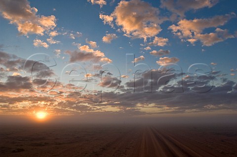 Foggy road at sunrise near Wanaaring New South Wales Australia