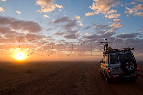 4WD vehicle on foggy road at sunrise near Wanaaring New South Wales Australia