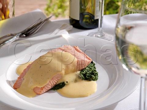 Poached salmon on a bed of spinach with zabaglione sauce