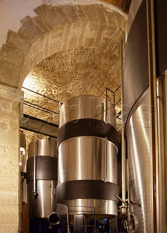 Refrigerated stainless steel tanks of Castello di Volpaia to install them the roof had to be removed and the tanks lowered in by crane   Volpaia near Radda in Chianti Tuscany Italy  Chianti Classico